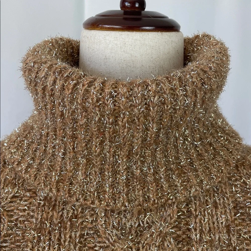 NWT Anthropologie Tan & Silver Tinsel Festive Cowl Neck Cropped Sweater - Medium - Picture 3 of 14